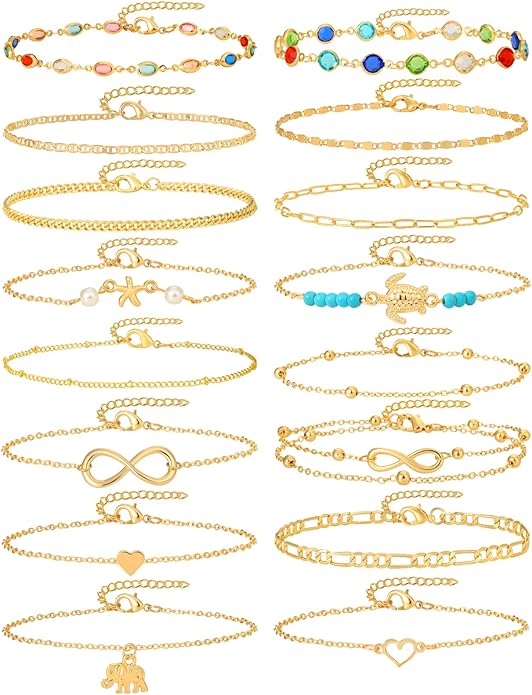 Starain 12Pcs Summer Beach Anklets for Women Waterproof Gold Silver Chain Ankle Bracelets Cute Women's Foot Anklet Set 7.9-10.5 inch Adjustable
