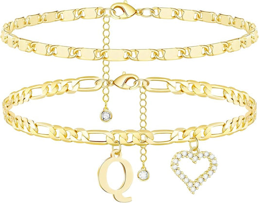 Initial Ankle Bracelets for Women Waterproof 14K Gold Plated Dainty Layered Figaro Chain Letter Initial CZ Heart Ankle Bracelets Set Summer Beach Jewelry for Women