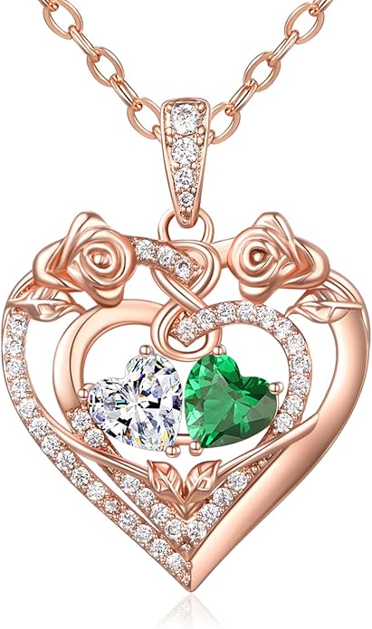 JIYVY32 Rose Heart Necklace for Women Exquisite 925 Sterling Silver Anniversary Birthday Gifts for Wife Mom Her Double Birthstone Pendant Jewelry