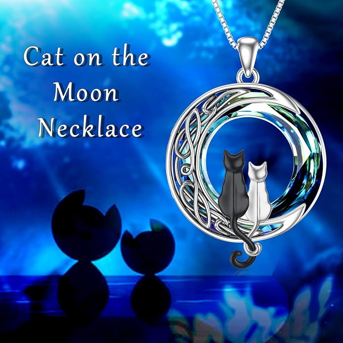 TOUPOP Christmas Cat Gifts for Cats Lovers One Two Three Four Cats Necklace Sterling Silver Cats on the Moon Pendant Necklace with Blue Circle Crystal Birthday Christmas Celtic Jewelry Gifts for Women