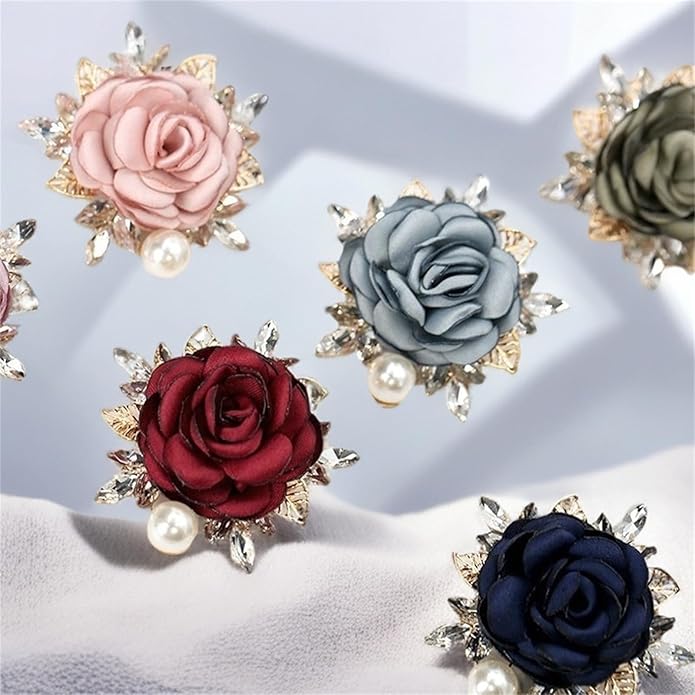 Rose Brooch for Women,Dainty Satin Fabric Flower Lapel Pins Vintage Elegant Pearl Brooches Handmade Crystal Pearl Pins Silk Camellia Safety Collar Pin Dress Suit Accessories Wedding Bridal Bouquet Jewelry