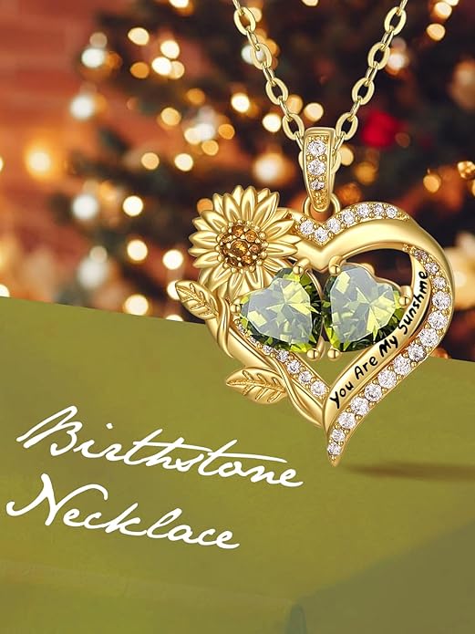 Sunflower Heart Necklace for Women 14K Gold Exquisite Anniversary Birthday Gifts for Wife Mother Her Double Birthstone Pendant jewelry‘You Are My Sunshine’