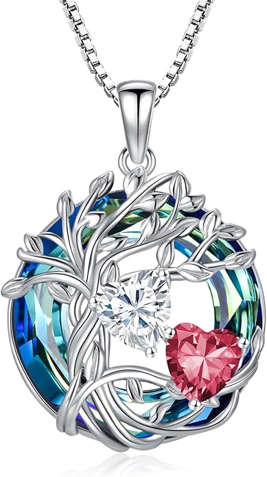 TOUPOP s925 Sterling Silver Family Celtic Tree of Life Pendant Necklaces with 2 Heart Birthstone with Blue Austrian Crystal Jewelry Birthday Anniversary Christmas Gifts for Her Wife Girlfriend Mom (18K Real White Gold Filled)