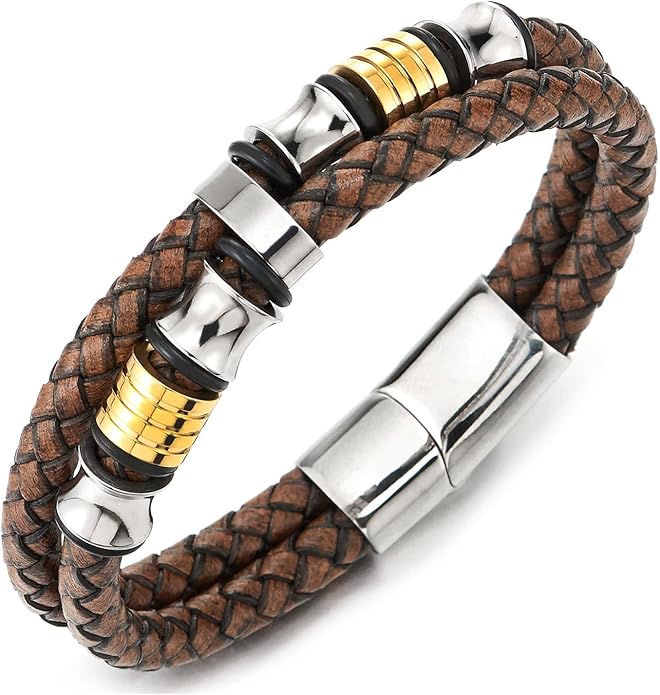 COOLSTEELANDBEYOND Mens Double-Row Braided Leather Bracelet Bangle Wristband with Stainless Steel Ornaments