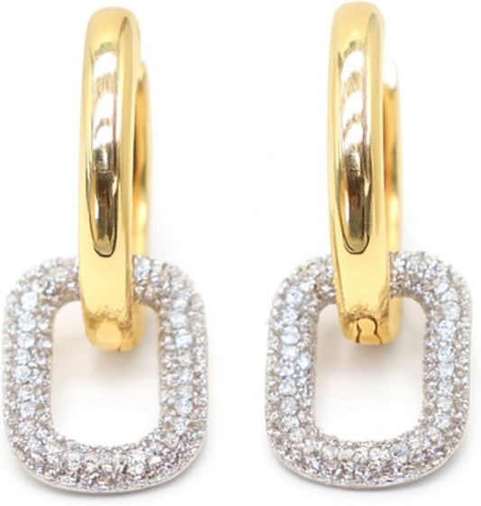 Gold Tone Geometric Dangle Hoop Earrings for Women – Crystal Rectangle Charm, 35mm Drop Length, 12mm Width.KT0013