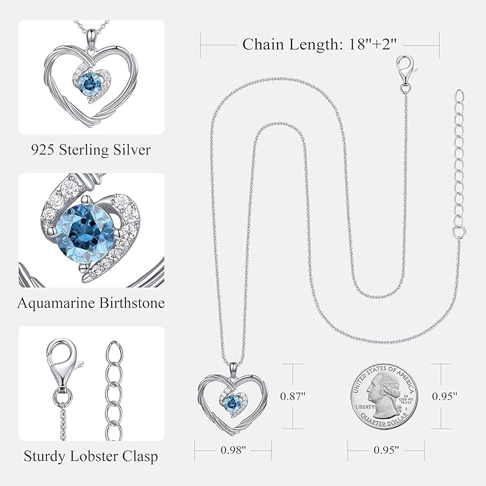 G&GEMSJEW 18K Gold Heart Birthstone Necklaces for Women, S925 Sterling Silver Jewelry Birthday Gifts for Women Wife Girlfriend Mom, Anniversary Christmas Valentines Gifts