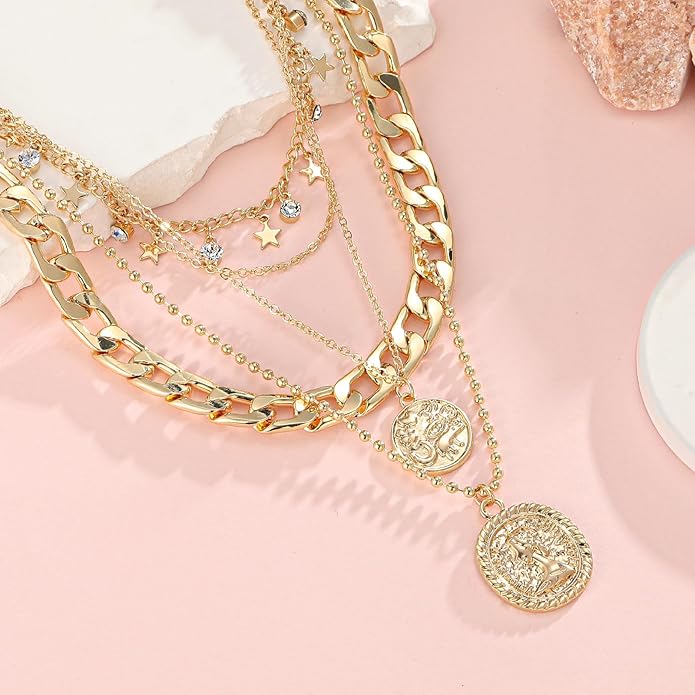 MJartoria Layered Necklaces for Women Trendy Retro Coin Pendant Necklace Dainty Chunky Chain Choker Necklaces for Jewelry Birthday Gifts