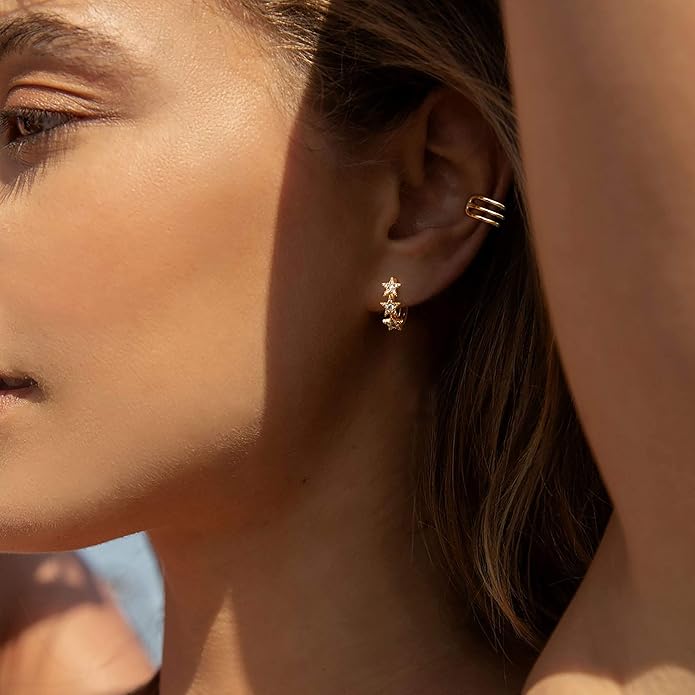 Gold Huggie Hoop Earrings 14K Gold Plated Dainty Chunky Thick Hoop Diamond Cubic Zriconia Inlay Sleeper Tiny Delicate Boho Beach Simple Hypoallergenic Jewelry Gift for Her