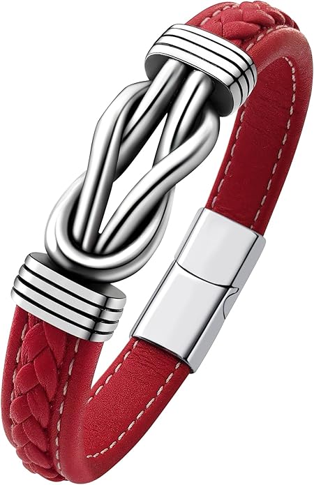 Mens Black Braided Leather Bracelet, Green/Red/Brown/Black Braided Leather Infinity Knot Bracelets for Men with Stainless Steel Clasp, 7.5/8.5/9in Length