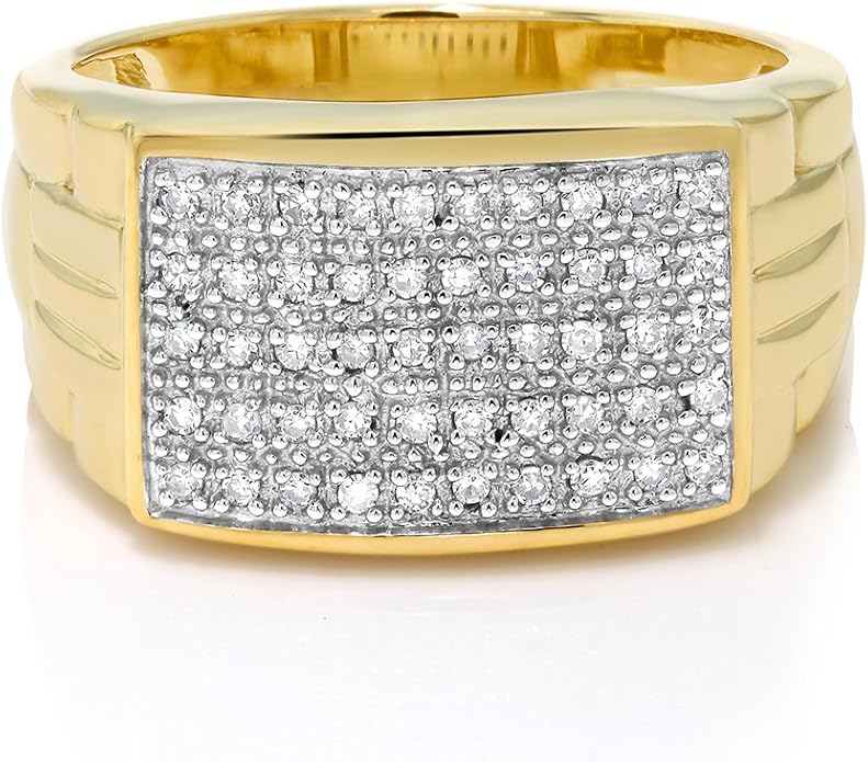 Gem Stone King White Diamond Ring For Men | 10K Yellow Gold | Gold Men's Pave Ring | 0.25 Cttw | Available In Size 7, 8, 9, 10, 11, 12, 13