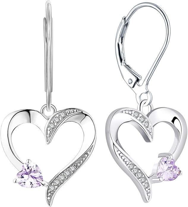 YL Heart Dangle Earrings 925 Sterling Silver Drop Earrings Birthstone Leverback Jewelry for Women