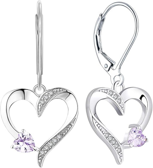 YL Heart Dangle Earrings 925 Sterling Silver Drop Earrings Birthstone Leverback Jewelry for Women