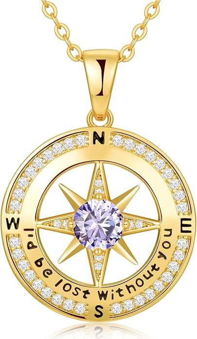 Zifeel Compass Necklace Gifts for Women wife - S925 Sterling Silver Birthstone Necklaces for Women - Anniversary Birthday Gifts for Her Wife Girlfriend - Valentines Mom Mothers Day Christmas Gifts Jewelry for Women