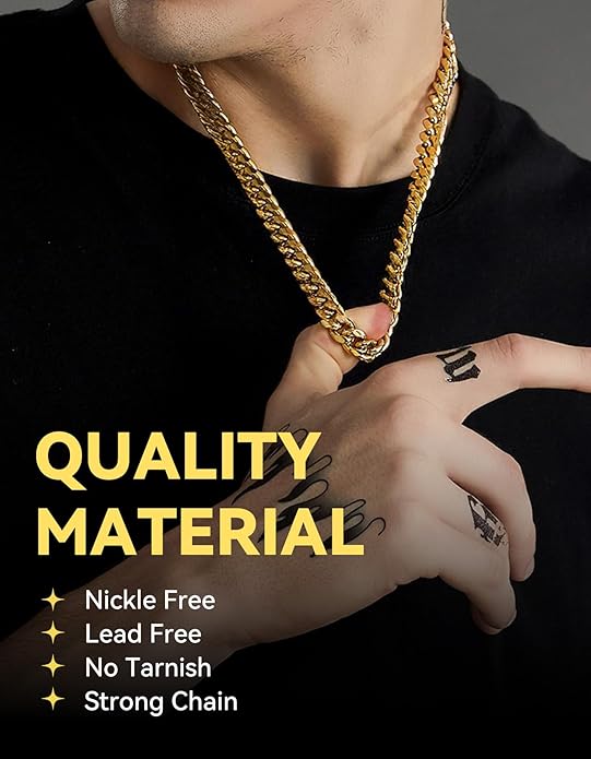 ChainsHouse Miami Cuban Link Chain Necklace for Men, 4.8mm/6mm/10mm/14mm Width, 14K Gold Plated/Stainless Steel/Black Mens Chunky Hip Hop Necklace Curb Chains, 14"-30" Length, Come Gift Box