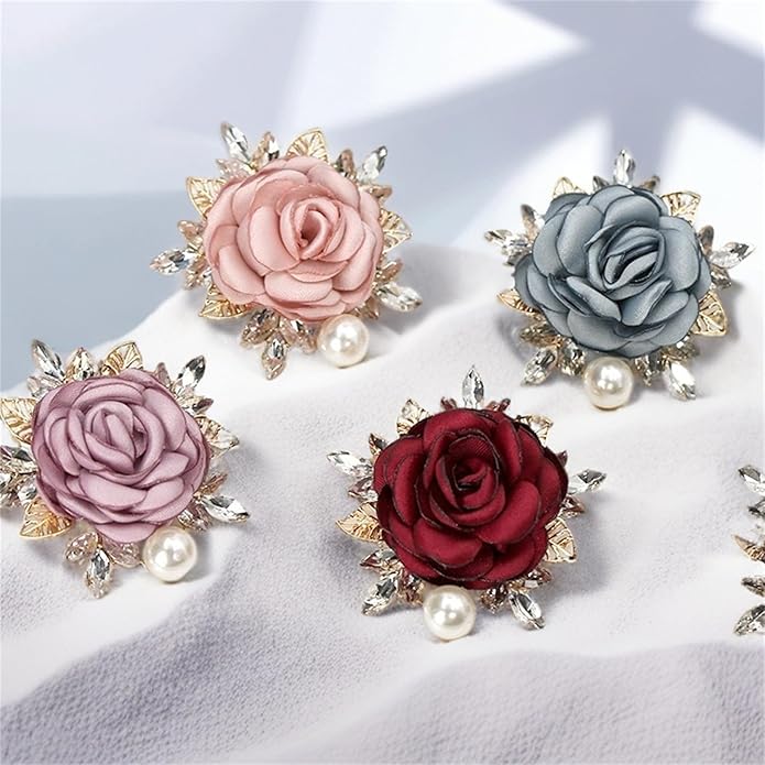 Rose Brooch for Women,Dainty Satin Fabric Flower Lapel Pins Vintage Elegant Pearl Brooches Handmade Crystal Pearl Pins Silk Camellia Safety Collar Pin Dress Suit Accessories Wedding Bridal Bouquet Jewelry