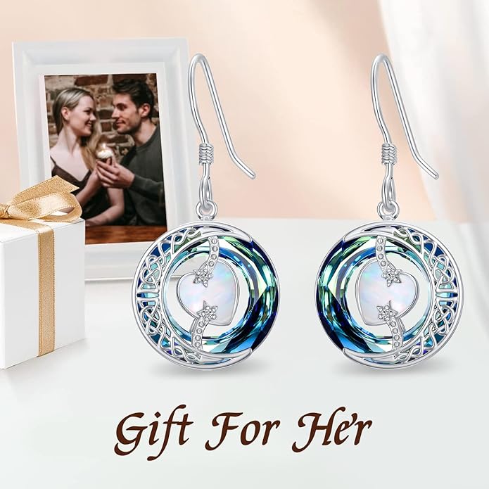 TOUPOP Birthstone Earrings for Women 925 Sterling Silver Moon and Star Dangle Earrings with Blue Crystal BirthdayJewelry Christmas Gifts for Women