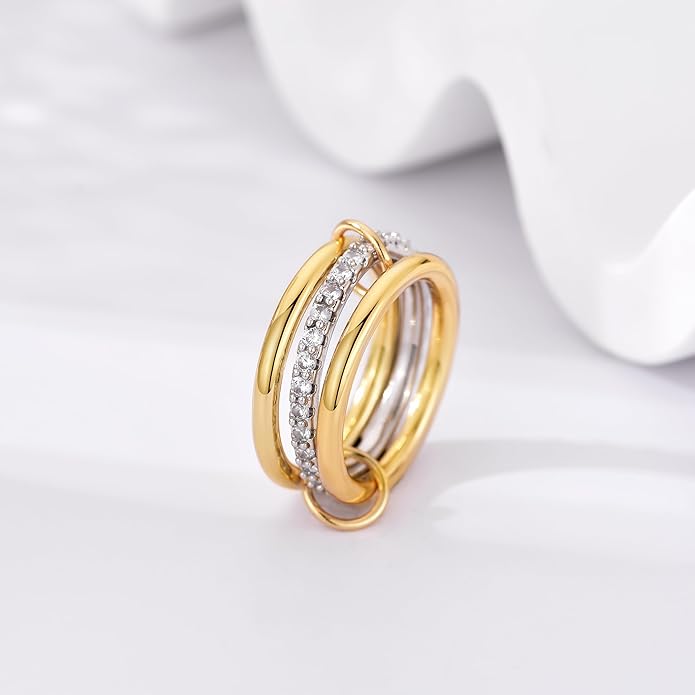 Canboer 14K Gold Plated Interlocked Stackable Rings for Women Non Tarnish,Gold and Silver Cubic Zirconia Statement Rings Set,Mixed Metals Ring Two-Toned Connected Bands Stacking Jewelry