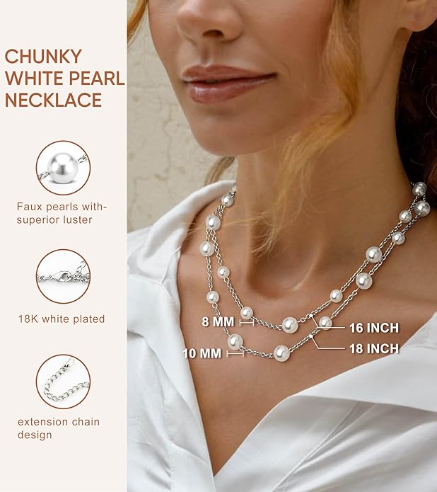 Gold Pearl Necklace for Women, Chunky 18K Gold Plated Layered Choker Chain - Double Layered Pearl Necklace, Trendy Gold Jewelry Birthday Gifts