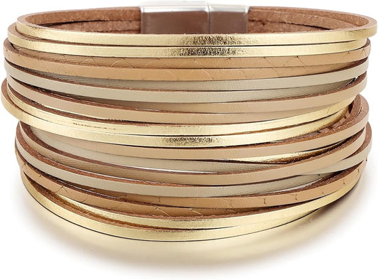 Edoneery Leather Wrap Bracelet for Women, Boho Handmade Multi-Layer Cuff with Crystal Beads Heart, Stackable Bangle Western Jewelry Gift