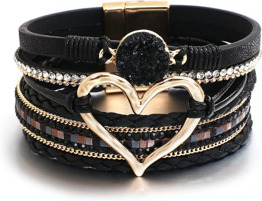 Leather Wrap Bracelet for Women Beaded Cuff Bracelet with Heart-shape Decor Bohemian Crystal Bracelet Jewelry with Clasp Bangle Bracelet for Women Girls Birthday Holiday Gift