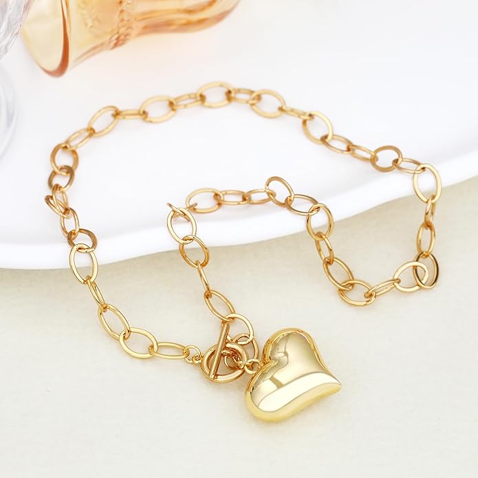 Chunky Gold Necklace for Women, 18K Waterproof Heart Necklace Statement Necklace Gold Charm Necklace Chunky Jewelry Paperclip Chain Choker Gift for Women