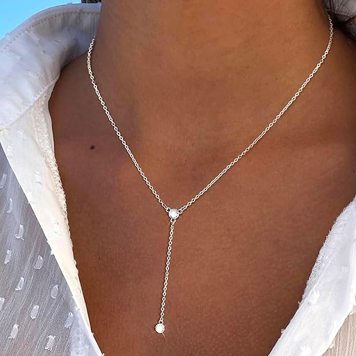 Zeffy Lariat Gold Necklace for Women, Dainty Long Necklace 14k Gold/Silver Plated Layered CZ Beaded Bar Chain Y-Shaped Body Chain Stack Drop Wedding Necklace Trendy Simple Gold Jewelry Gifts