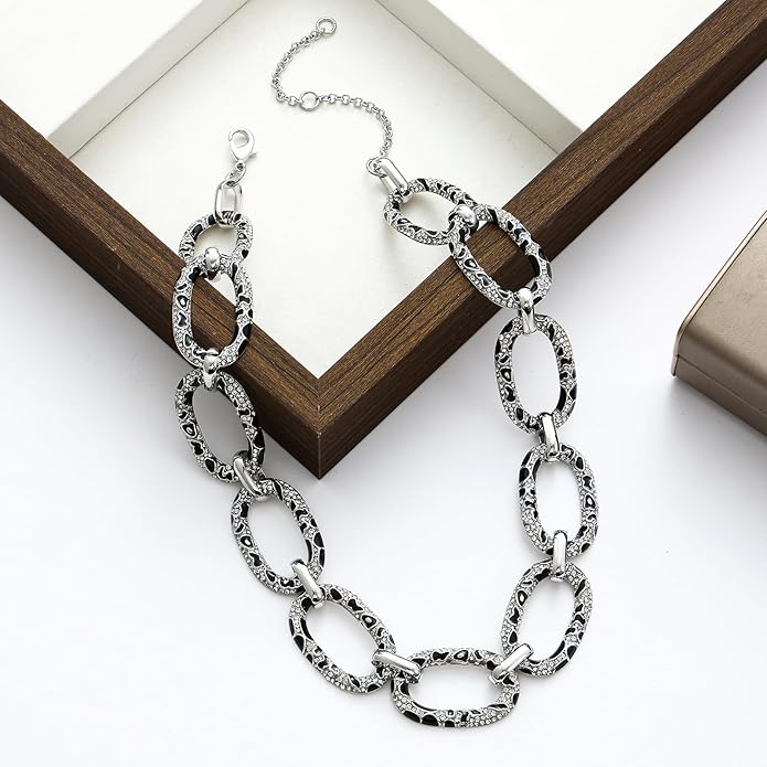 Chunky Chain Necklace Geometric Links Collar Necklace, Animal Prints Black and White Enamelled with Rhinestone Embellished Details Women Gifts