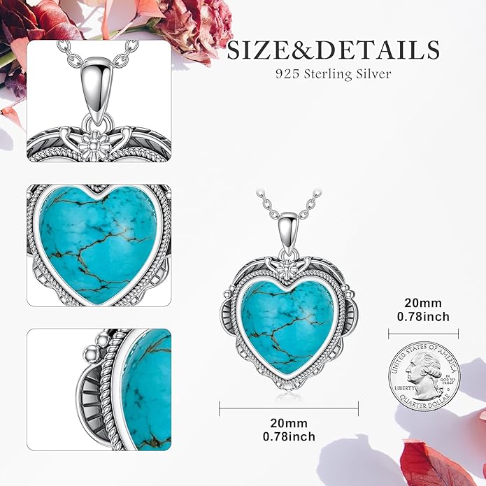 Genuine Turquoise Heart Necklaces for Women 925 Sterling Silver Blue Green Turquoise Pendant Vintage Western Jewelry Gift for Mom Wife Her