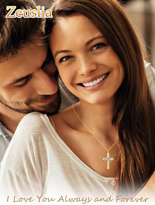 Zeuslia Double Birthstone Necklace Gifts for Wife - 925 Sterling Silver Sunflower/Rose/Crown Cross/Compass/Heart Pendant I Love You Necklace, Anniversary Birthday Gifts for Wife Girlfriend Mom Her