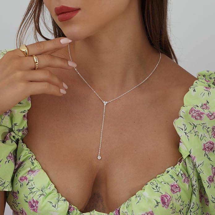 Gold Y Necklace for Women 14K Gold Plated Y-Shaped Drop Necklaces CZ Long Necklace Cubic Zirconia Pendant Layered Long Lariat Necklace Women Jewelry