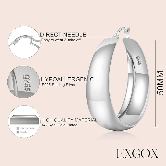 EXGOX Gold Hoop Earrings for Women Sterling Silver Post Hoops Earrings for Women Wide Thick Silver Hoop Earrings Hypoallergenic Lightweight 14k Real Gold Plated Hoop Large Earrings (25/30/40/50MM)