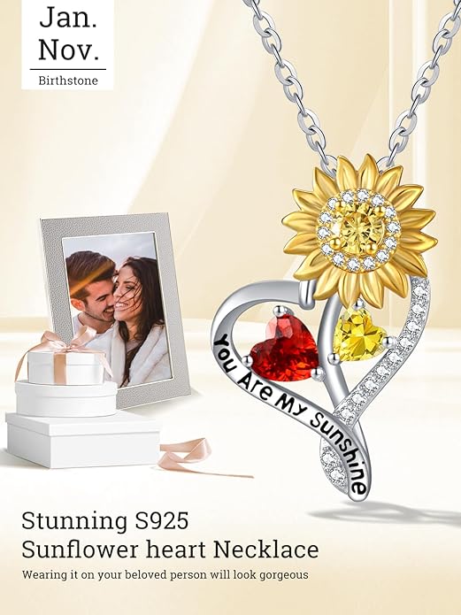 Zeuslia Double Birthstone Necklace Gifts for Wife - 925 Sterling Silver Sunflower/Rose/Crown Cross/Compass/Heart Pendant I Love You Necklace, Anniversary Birthday Gifts for Wife Girlfriend Mom Her