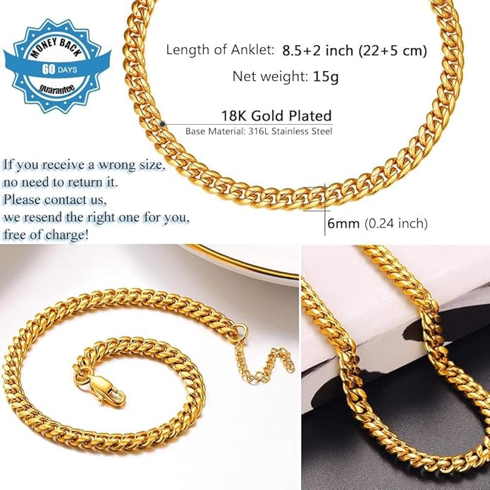PROSTEEL Stainless Steel Chain Anklets for Women, Silver/Gold Tone, Ankle Bracelets Hypoallergenic, 8-10.5 Inch Adjustable, Come with Box