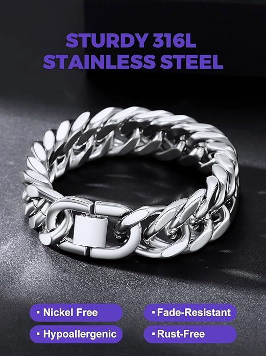 Richsteel Cuban Link Chain Bracelets 8/12/17mm Width Stainless Steel Chain Wrist Bracelets for Men, 7.4/8.2/9 Inch Length Classic Jewelry for Christmas/Valentine's Day/Birthday