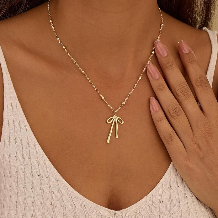 Gold Necklace for Women Dainty Bow Necklace 14K Gold Plated Cute Choker Necklace Small Bow Pendant Charm Necklaces Teen Gift Trendy Stuff Personalized Jewelry Gifts