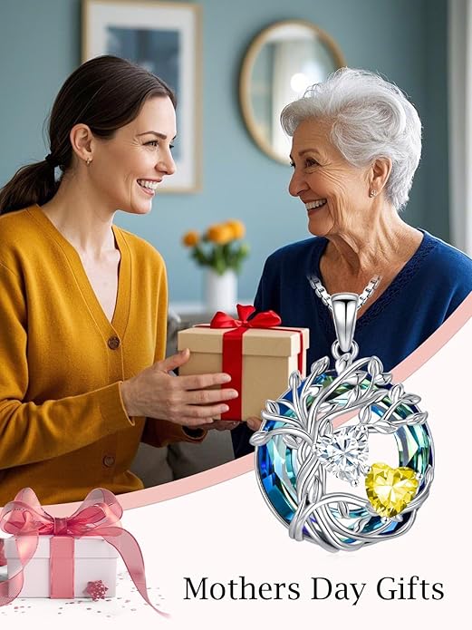 TOUPOP s925 Sterling Silver Family Celtic Tree of Life Pendant Necklaces with 2 Heart Birthstone with Blue Austrian Crystal Jewelry Birthday Anniversary Christmas Gifts for Her Wife Girlfriend Mom (18K Real White Gold Filled)