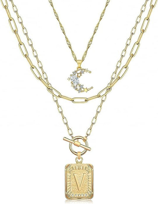 MJartoria Layered Initial Necklaces for Women Trendy, 14K Gold Plated Brass Simple Moon Choker Square Letter Pendant Necklace, Paperclip Chain Necklaces Jewelry Gifts