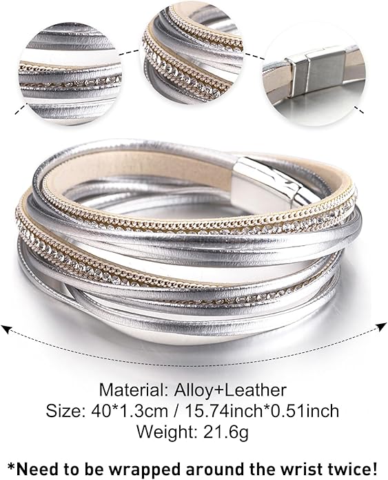 Fesciory Leather Wrap Bracelets for Women, Boho Leopard Multi-Layer Crystal Beads Cuff Bracelet Jewelry