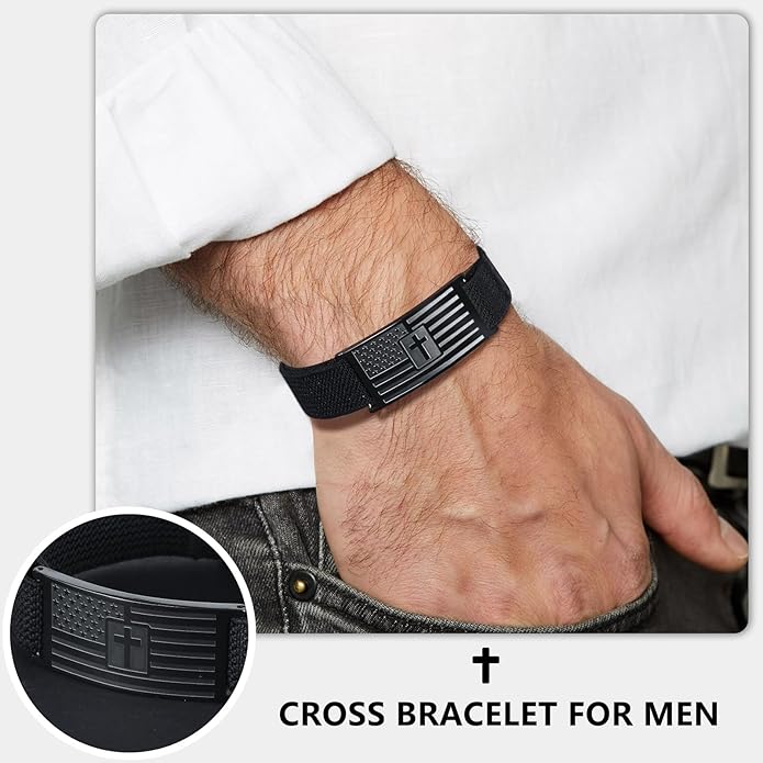 LDOWWGL Valentines Day Gifts - Mens Bracelet - American Flag Christian Cross Bracelet for Boys - Adjustable Black Elastic Stretch Strap with Bible Verse - Gift for Son Grandson