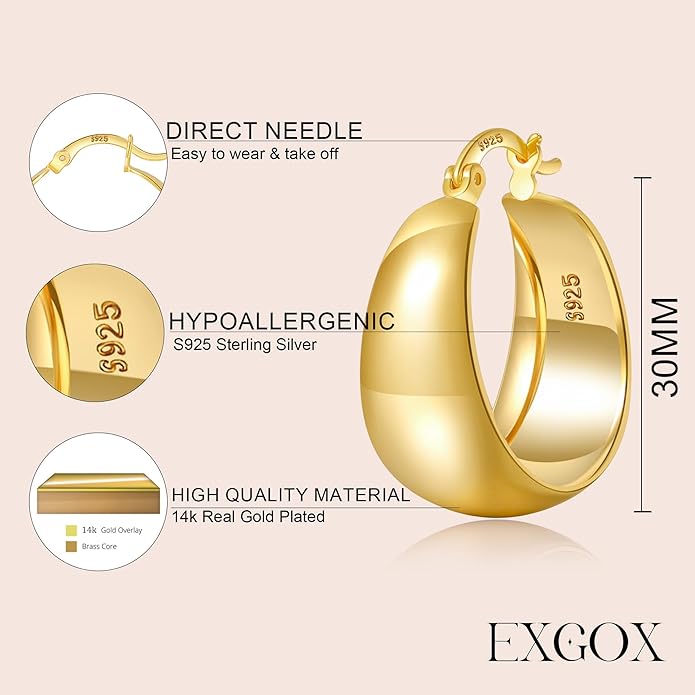 EXGOX Gold Hoop Earrings for Women Sterling Silver Post Hoops Earrings for Women Wide Thick Silver Hoop Earrings Hypoallergenic Lightweight 14k Real Gold Plated Hoop Large Earrings (25/30/40/50MM)