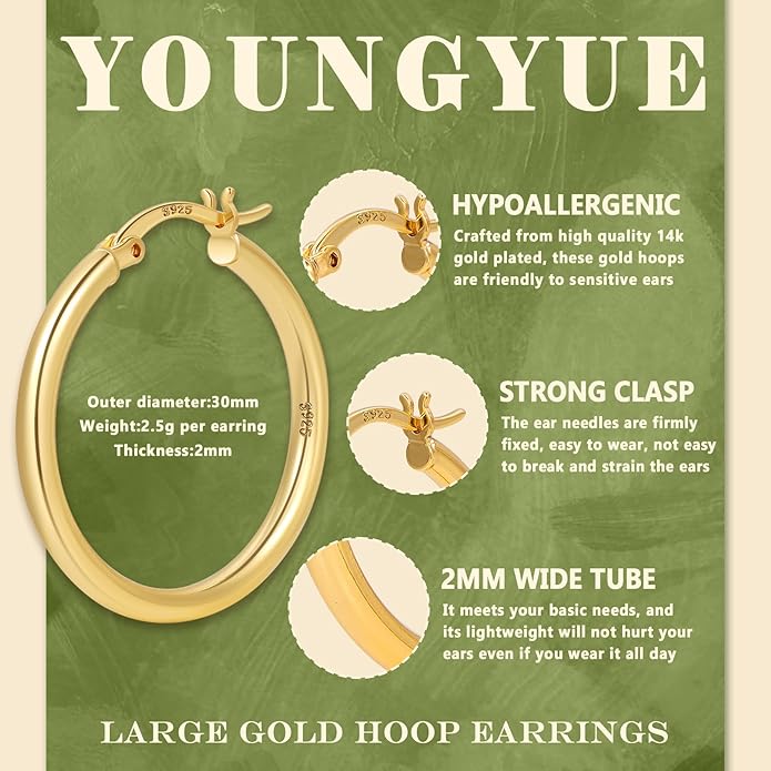 YOUNGYUE 925 Sterling Silver Hoop Earrings for Women Hypoallergenic Oversize 14K Gold Hoops Earrings for Women Thin Gold Plated Hoop earrings Lightweight Large Silver Hoop Earrings 30/40/50/60/70mm