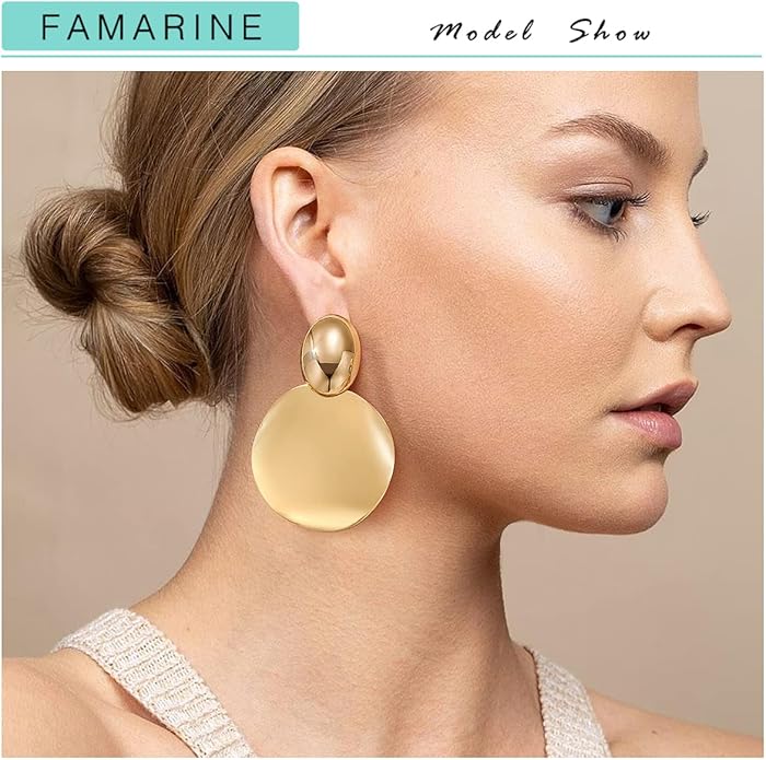 FAMARINE Big Disc Drop Earrings Gold Dangle Earrings Round Hammered Earrings Women