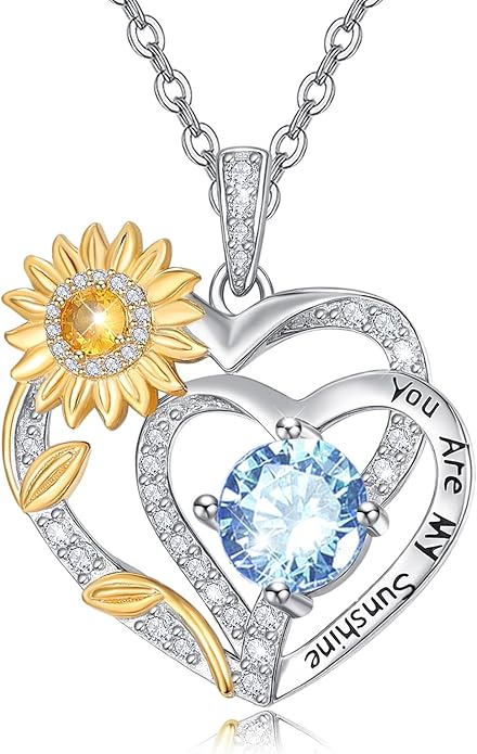 Zeuslia Double Birthstone Necklace Gifts for Wife - 925 Sterling Silver Sunflower/Rose/Crown Cross/Compass/Heart Pendant I Love You Necklace, Anniversary Birthday Gifts for Wife Girlfriend Mom Her