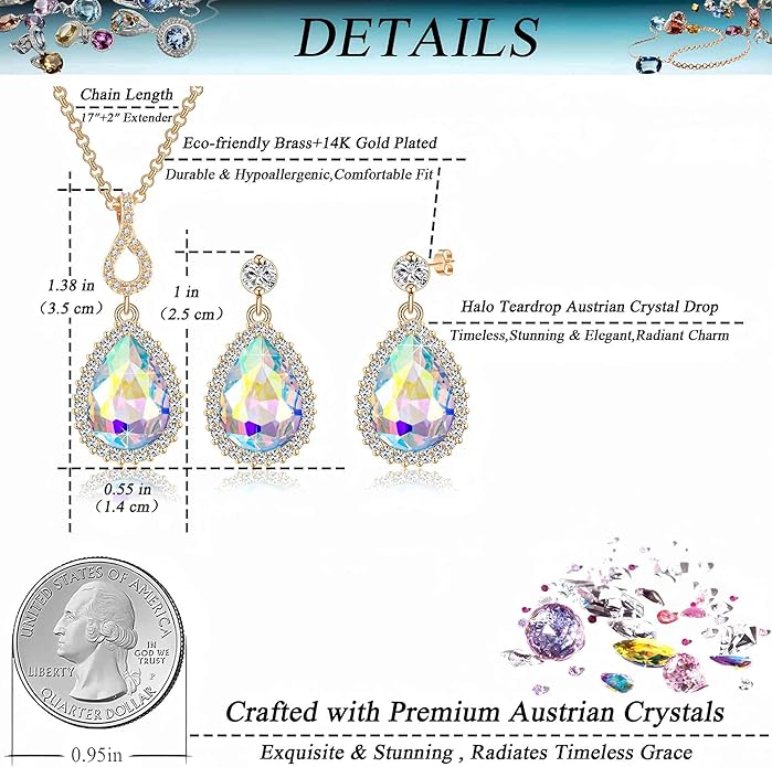 Austrian Crystals Teardrop Pendant Necklace Earrings for Women 14K Gold Plated Hypoallergenic Jewelry Set