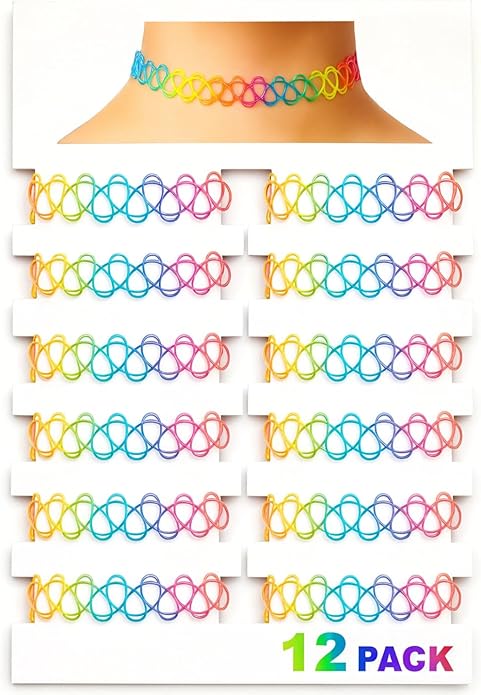 BodyJ4You 12PC Tattoo Choker Necklace - 90s Accessories 2000s Jewelry Y2K Fashion Vintage Trendy - Rainbow Goth Black Pink Green Blue White - Adjustable Stretchy Elastic Necklace Summer Vacation Set