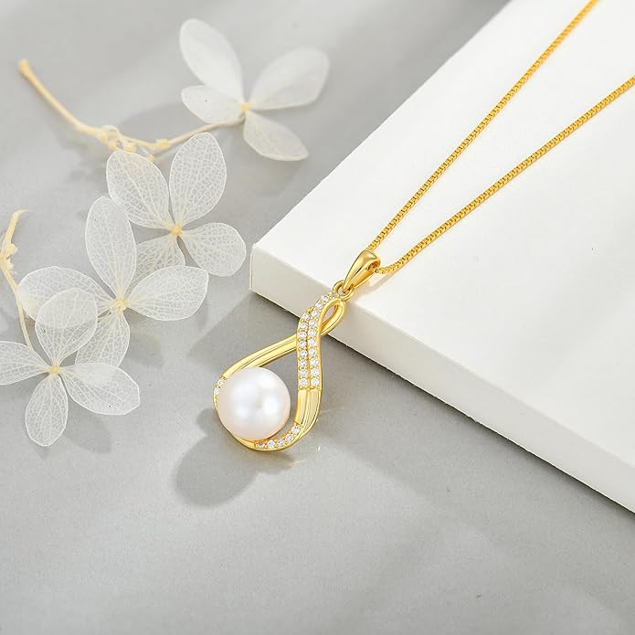 Veshon Celtic Infinity Pearl Pendant Necklace for Women, 925 Sterling Silver Good Luck Irish Pendant with 10MM Freshwater Cultured Pearl, White/Rose/ 14K Gold Plated Jewelry Gift