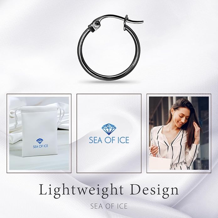 SEA OF ICE 925 Sterling Silver Hoop Earrings for Women - Hypoallergenic Earrings for Women in Sterling Silver, Yellow Gold, Rose Gold or Black Rhodium | Sizes 12MM, 15MM, 20MM or Multipack