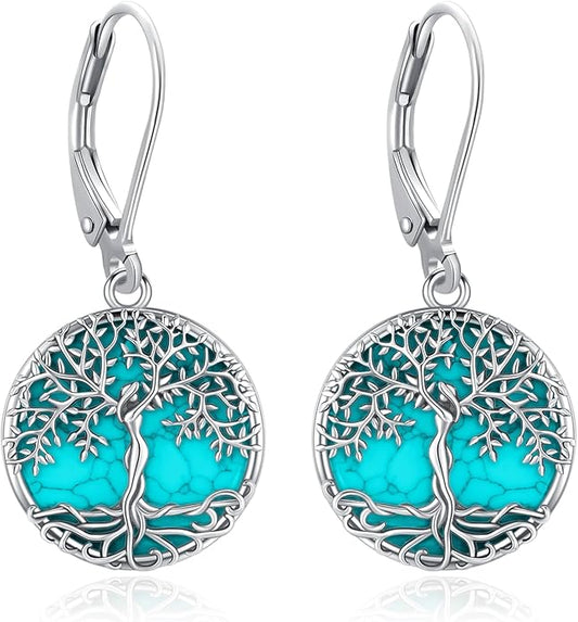 Black Cat/Turtle/Moonstone//Turquoise/Flower/Tree of Life Earrings Sterling Silver Cute Animal Leverback Dangle Earrings Jewelry Gifts