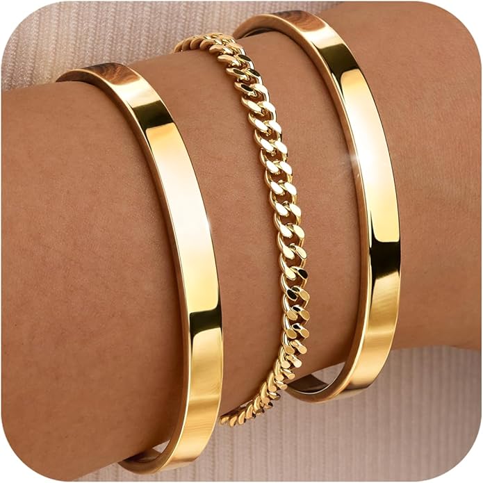 Silver Bracelets for Women Stack, Silver or Gold Plated Cuff Bangle Set, Trendy Silver Jewelry for Women Fashion