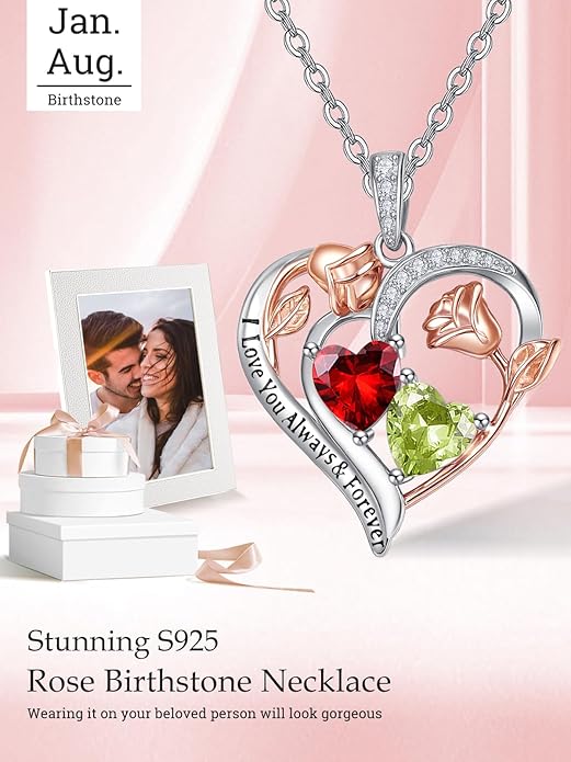 Zeuslia Double Birthstone Necklace Gifts for Wife - 925 Sterling Silver Sunflower/Rose/Crown Cross/Compass/Heart Pendant I Love You Necklace, Anniversary Birthday Gifts for Wife Girlfriend Mom Her